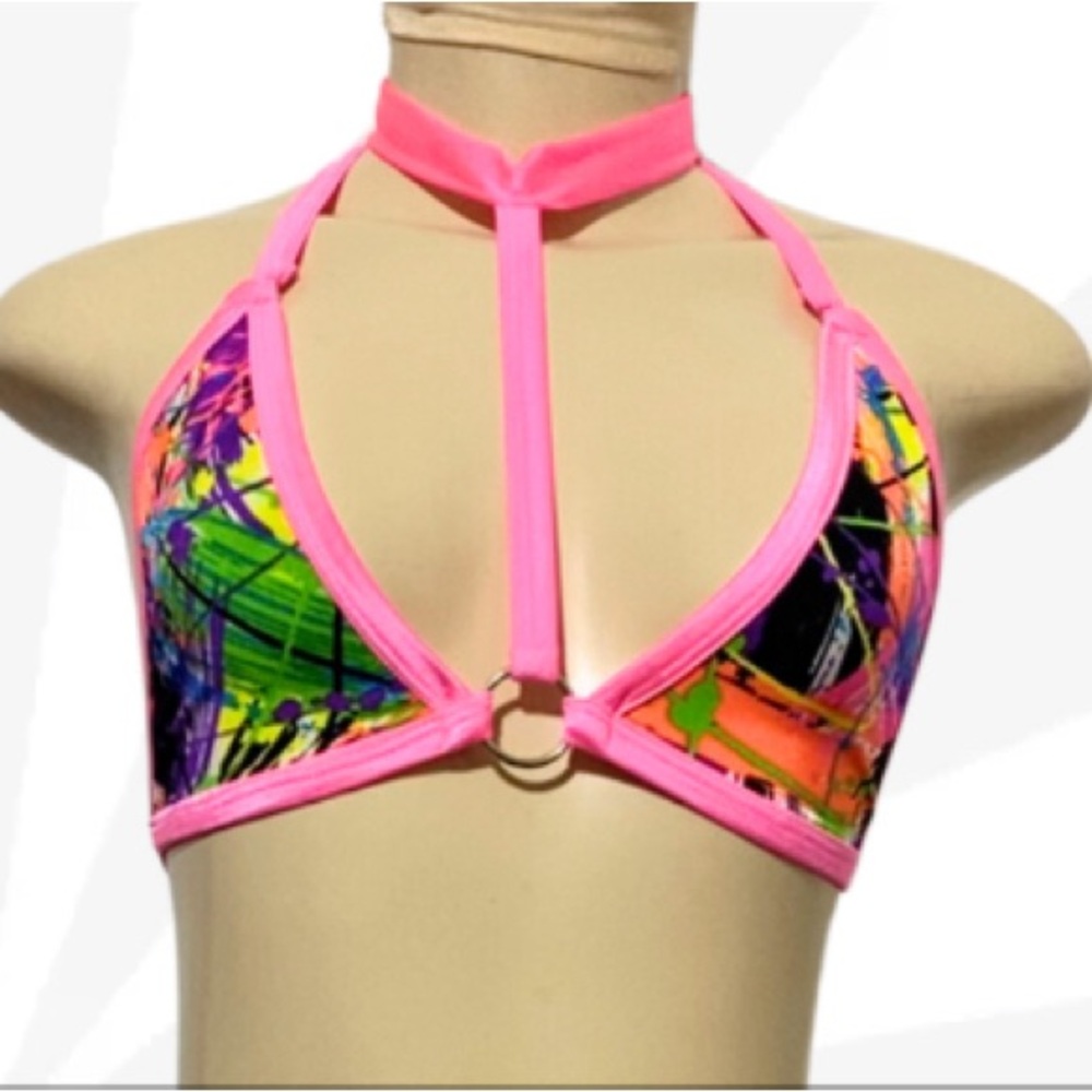 BIKINI TOP / Hot Pink Colorful Splash Print/ Silver Ring Accent / HANDMADE